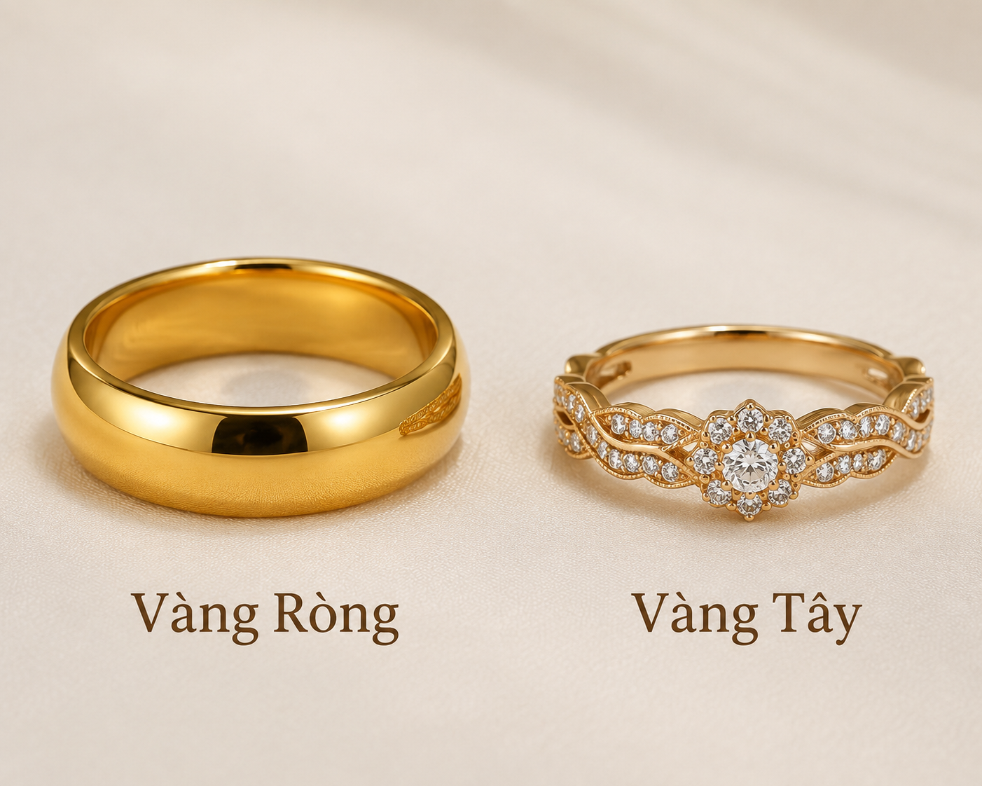 Nhẫn tròn trơn vàng tuổi cao đặt cạnh nhẫn đính đá bằng vàng hợp kim dưới cùng điều kiện ánh sáng; alt text: “so sánh vàng ròng và vàng tây làm nhẫn cưới”