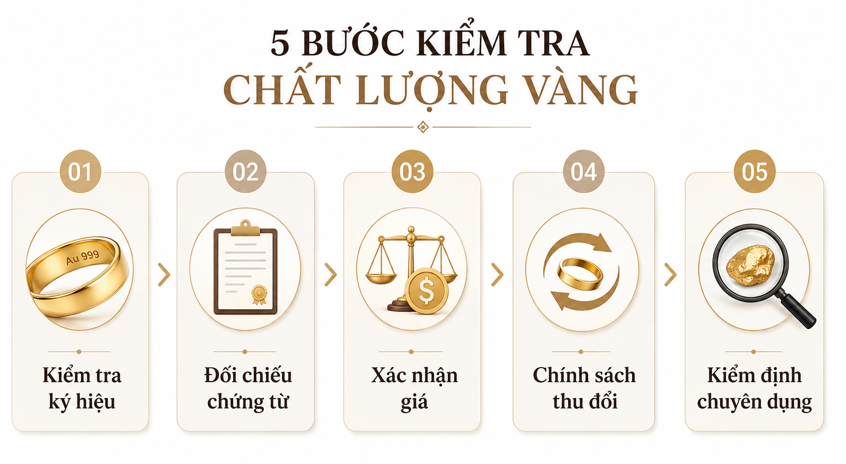 Infographic năm bước kiểm tra ký hiệu, chứng từ, giá, thu đổi và kiểm định; alt text: “cách kiểm tra vàng ròng trước khi mua”