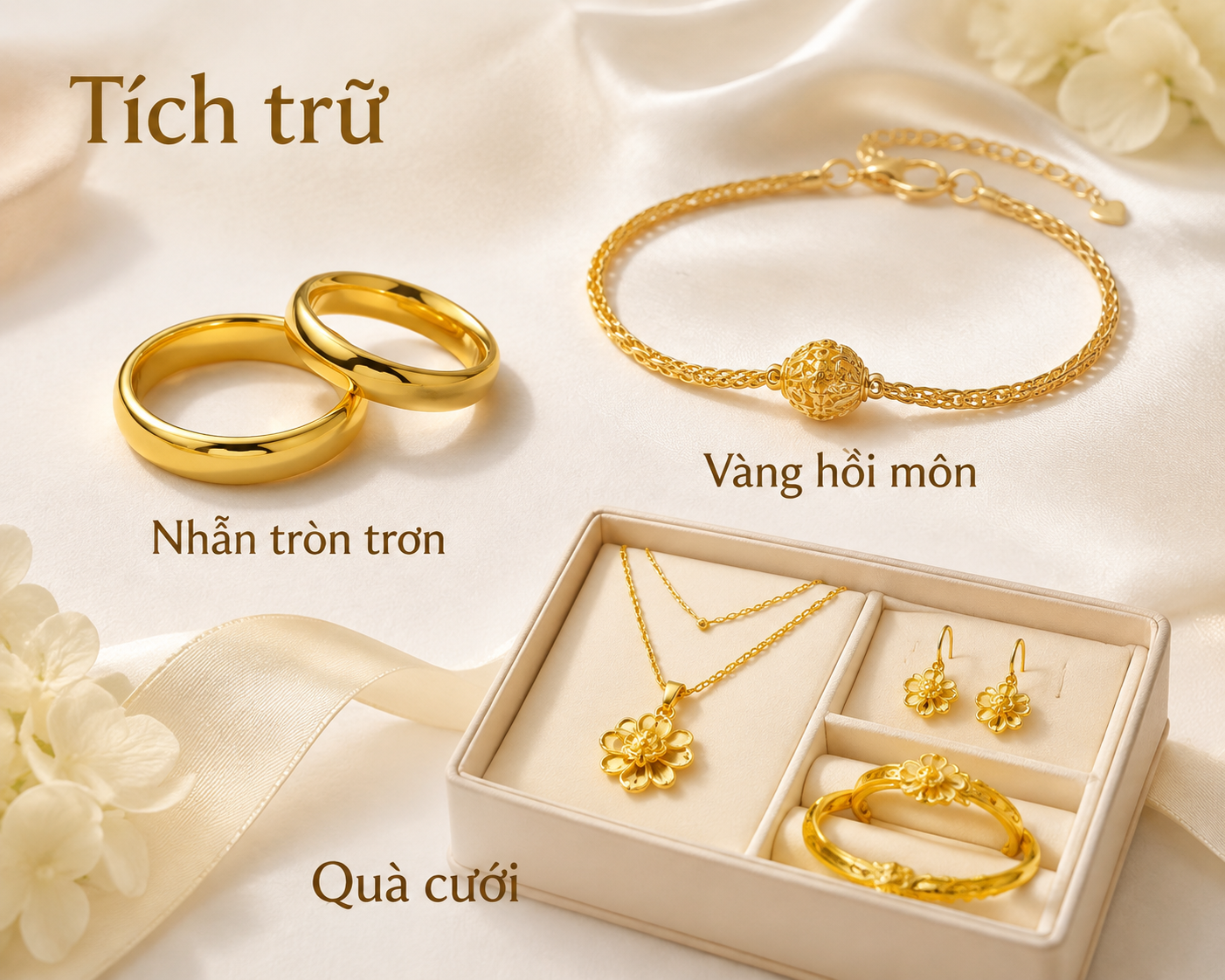 Nhẫn tròn trơn, vàng hồi môn và quà cưới được phân nhóm theo mục đích; alt text: “nhẫn tròn trơn bằng vàng có độ tinh khiết cao”