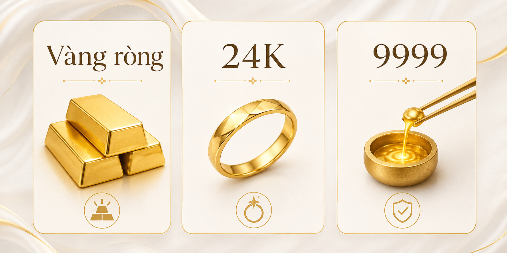 Infographic giải thích vàng ròng, 24K và 9999 thuộc ba cách biểu thị khác nhau; alt text: “vàng ròng là gì và độ tinh khiết của vàng ròng”