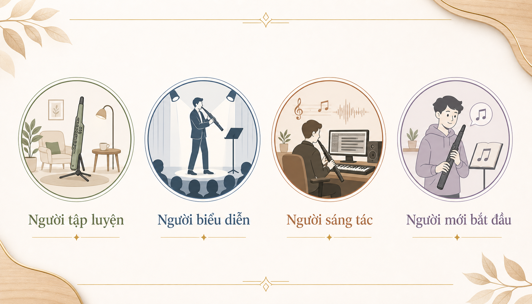 Bảng persona người dùng sáo điện tử với 4 nhóm chính, dùng màu phân biệt theo mục tiêu sử dụng