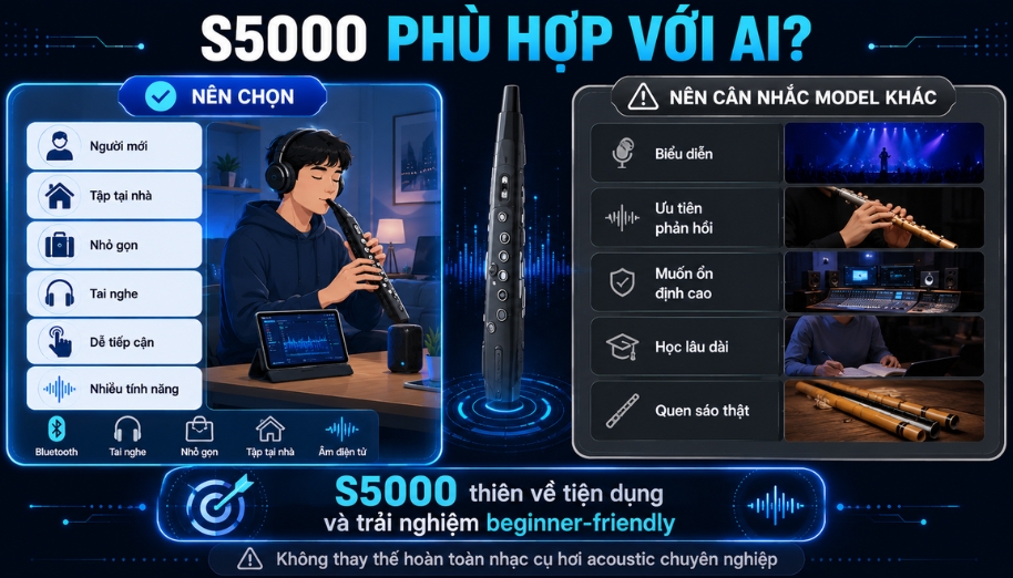 Review sáo điện tử S500 chi tiết từ A-Z, lưu ý khi chọn mua 4 S5000 hợp với người mới cần sự tiện dụng và luyện tập tại nhà