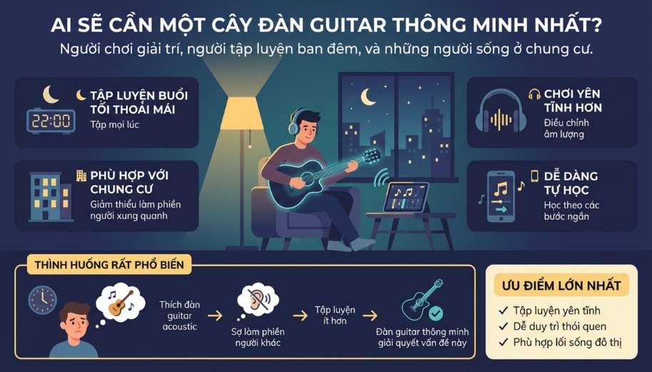 Smart guitar phù hợp người tập đàn ban đêm trong căn hộ