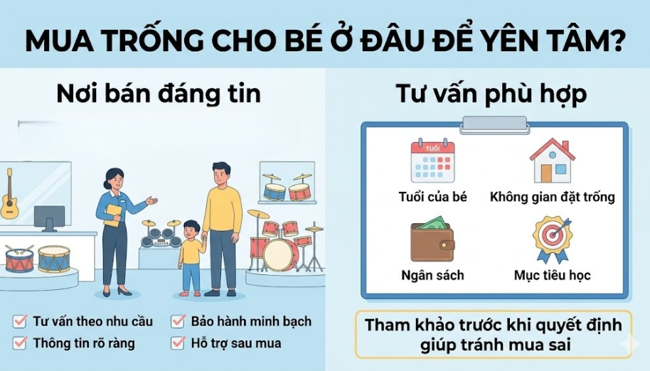 Chọn nơi bán uy tín giúp phụ huynh tránh mua sai bộ trống và được tư vấn phù hợp cho bé