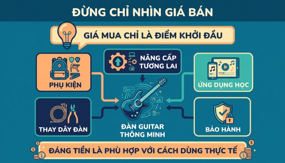 So sánh Smart Guitar vs Ukulele: Nên chọn loại nào cho người mới? 6 Giá đàn chưa phải toàn bộ chi phí, còn phụ kiện, bảo trì và nâng cấp về sau