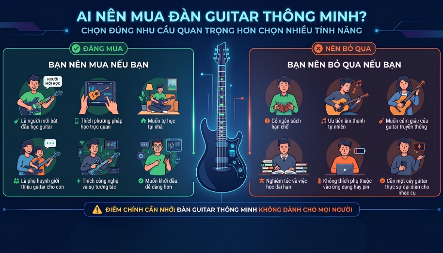 Có nên mua smart guitar? Lời khuyên chi tiết cho người mới 4 Nhóm người phù hợp và không phù hợp với smart guitar