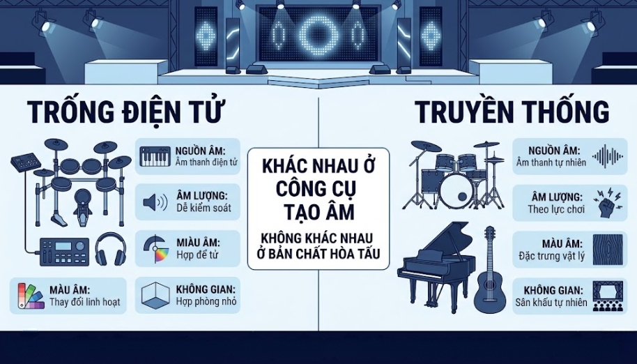 Sự khác biệt giữa hòa tấu trống điện tử và hòa tấu truyền thống