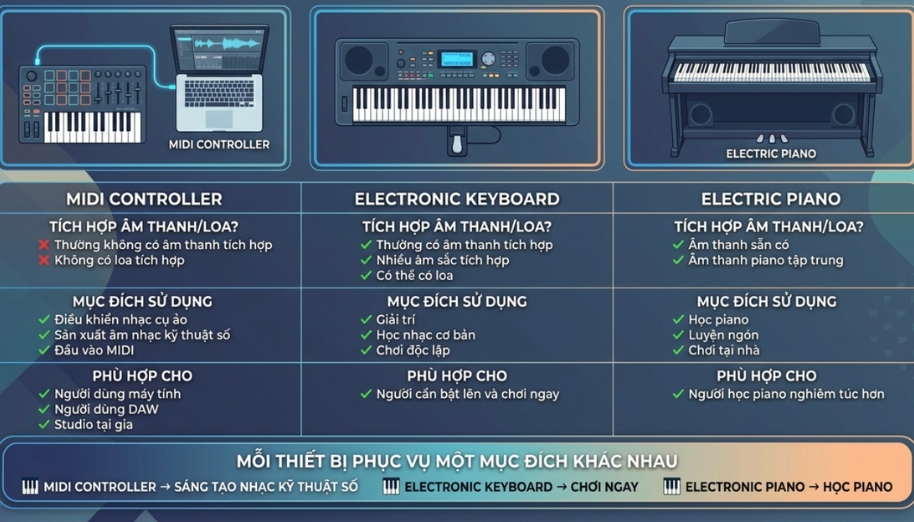 MIDI Controller 61 phím là gì? Hướng dẫn chọn mua chi tiết cho người mới 4 So sánh MIDI controller, keyboard điện tử và piano điện