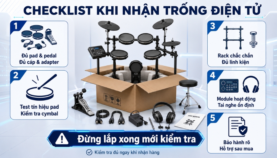 Trống điện tử Aroma có đáng mua? Cách chọn model phù hợp nhất 6 Checklist kiểm tra giúp đảm bảo bộ trống điện tử đầy đủ, hoạt động ổn định