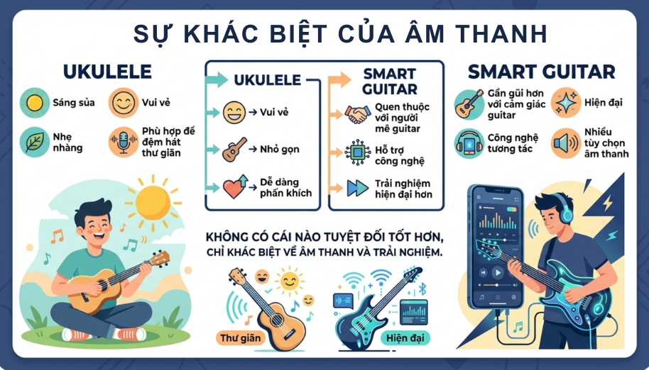 So sánh Smart Guitar vs Ukulele: Nên chọn loại nào cho người mới? 3 Ukulele sáng vui nhẹ nhàng, smart guitar gần chất guitar và hiện đại hơn