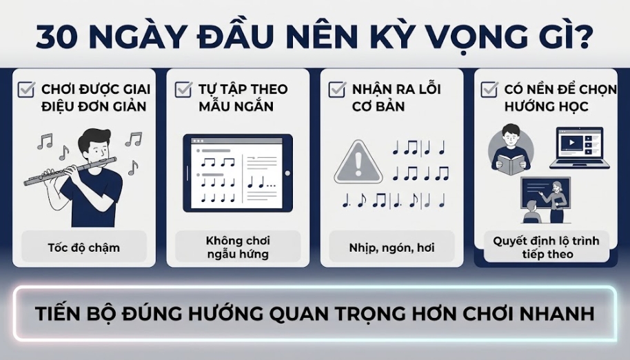 Trong 30 ngày đầu, người mới nên kỳ vọng chơi được giai điệu đơn giản