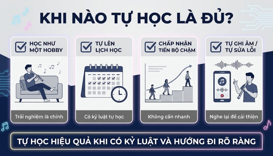 Tự học sáo điện tử cần có kỷ luật cá nhân và biết tự theo dõi lỗi qua ghi âm hoặc video