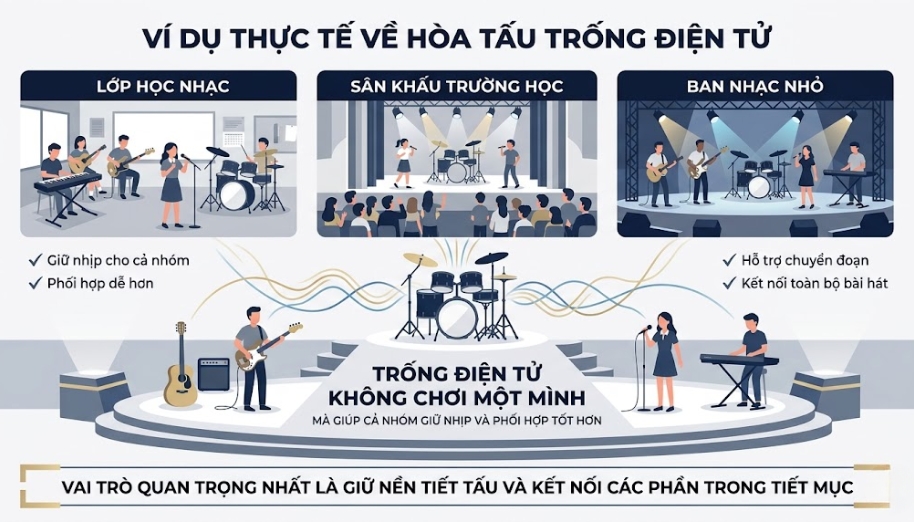 Hòa tấu trống điện tử xuất hiện phổ biến trong lớp học nhạc, sân khấu trường học và các ban nhạc nhỏ