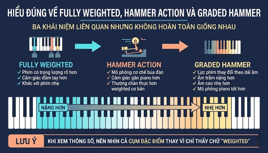 MIDI controller phím nặng là gì? Tiêu chí và hướng dẫn chọn mua 3 Phân biệt fully weighted, hammer action và graded hammer