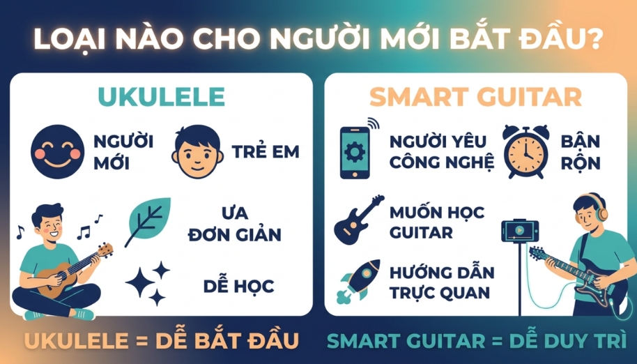 So sánh Smart Guitar vs Ukulele: Nên chọn loại nào cho người mới? 4 Ukulele dễ tiếp cận hơn, smart guitar phù hợp người thích học theo hướng dẫn và công nghệ