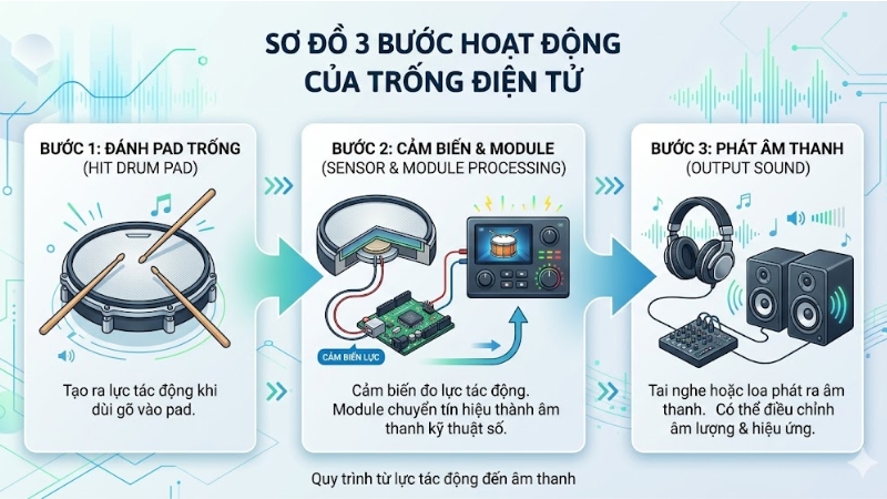 Trống điện tử là gì? Tìm hiểu cấu tạo và cách hoạt động chi tiết 2 Các bộ phận của trống điện tử gồm pad trống module âm thanh pedal