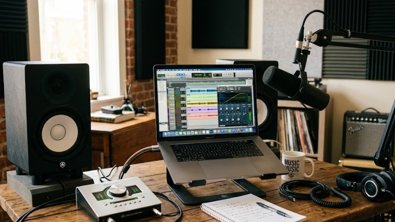 Setup bàn làm việc có loa kiểm âm, audio interface, micro, laptop và phần mềm thu âm đang mở