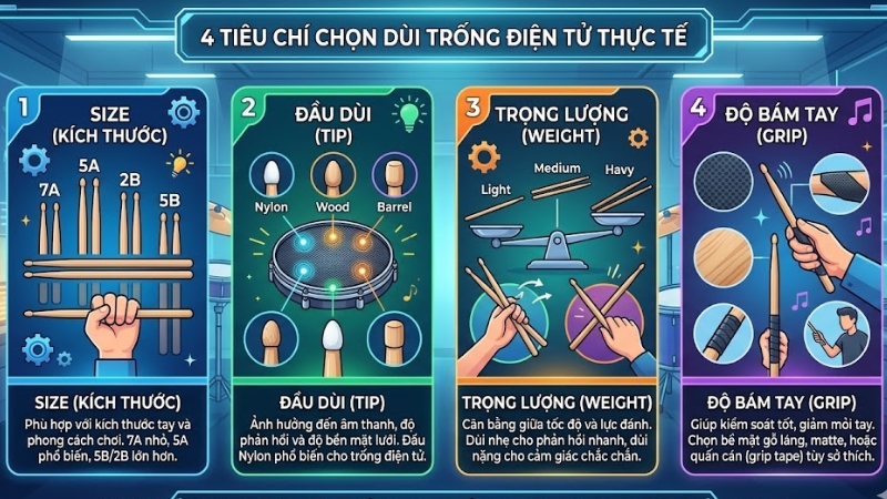Cách chọn dùi trống điện tử phù hợp tránh mỏi tay, tập hiệu quả 3 4 tiêu chí chọn dùi trống điện tử gồm size, đầu dùi, trọng lượng và độ bám tay