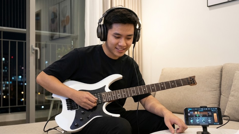 Top 5 Smart Guitar Tốt Nhất Nên Mua Cho Người Mới Bắt Đầu 6 MOOER GTRS W800 trong bối cảnh kết nối app và chơi cùng tai nghe hoặc loa monitor