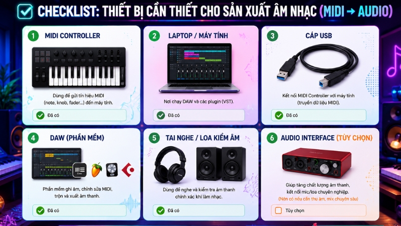 Cách sử dụng MIDI Controller hiệu quả từ A-Z cho người mới 2 Thiết bị cần chuẩn bị để kết nối midi controller với máy tính