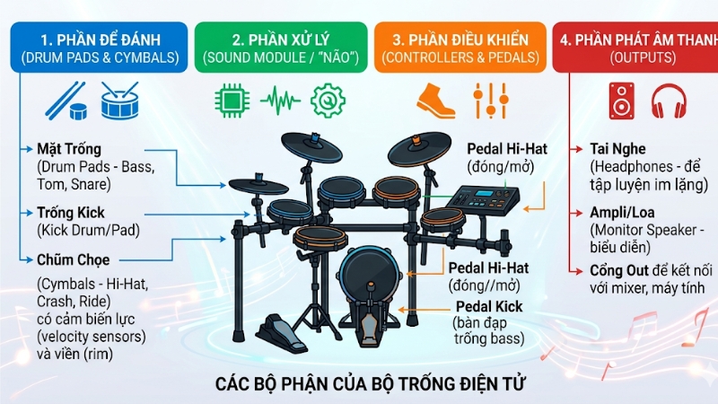 Trống điện tử là gì? Tìm hiểu cấu tạo và cách hoạt động chi tiết 1 Trống điện tử là gì và cấu tạo cơ bản của bộ trống điện tử