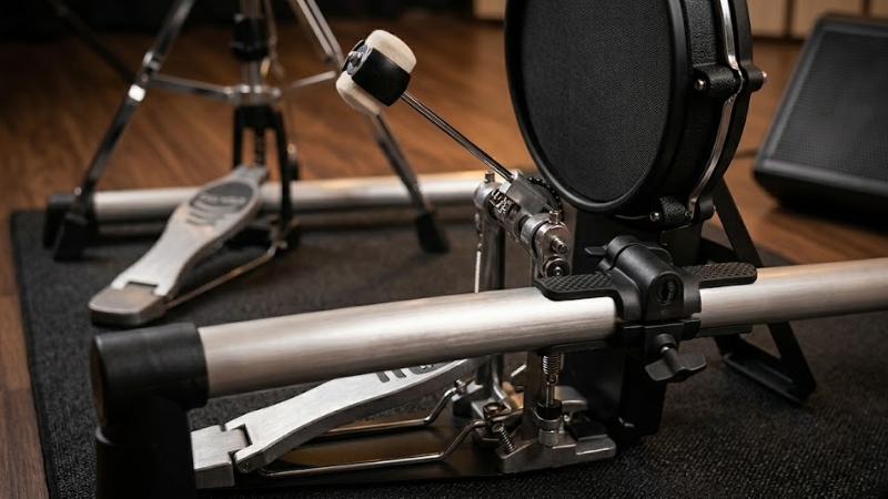 Cận cảnh pedal kick và rack trống điện, thể hiện rõ phần chân đế, kẹp giữ và điểm tiếp xúc