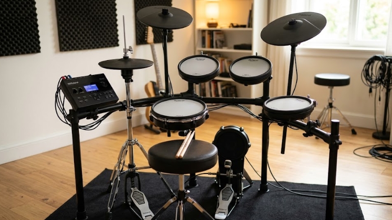 Bộ trống điện tử thật được đặt trong không gian học nhạc tại nhà, có ghế, pedal và tai nghe