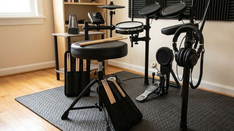 Nên chọn trống acoustic hay điện tử? Hướng dẫn cho người mới 6 Bộ phụ kiện setup cơ bản cho người mới gồm ghế, tdùi, tai nghe, pedal, thảm chống rung