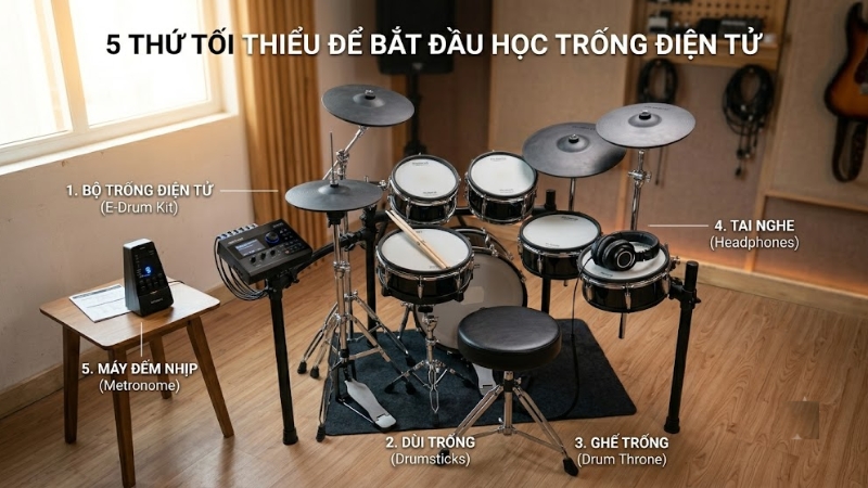 5 thứ tối thiểu để bắt đầu học trống điện tử” gồm bộ trống, dùi, ghế, tai nghe, metronome