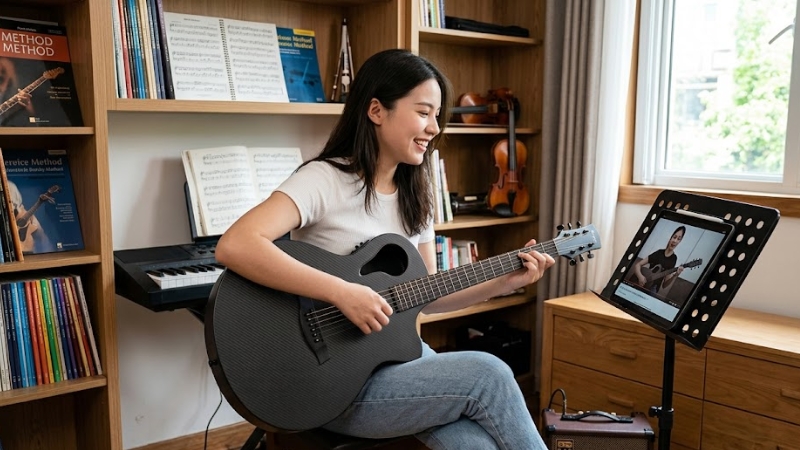 Top 5 Smart Guitar Tốt Nhất Nên Mua Cho Người Mới Bắt Đầu 5 Enya Inspire 39 đặt trong không gian học đàn tại nhà, nhấn vào sự thân thiện với người mới