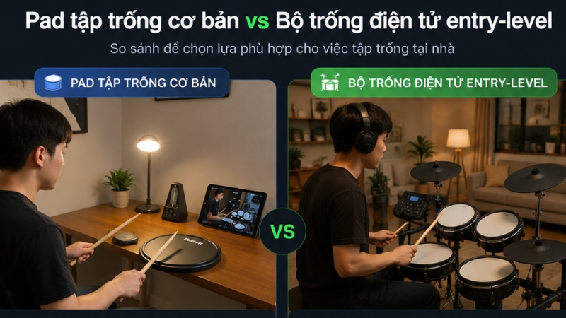 So sánh pad tập trống cơ bản và bộ trống điện tử entry-level trong bối cảnh sử dụng tại nhà