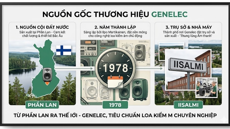 Loa kiểm âm Genelec của nước nào? Nguồn gốc và lịch sử hình thành 2 Tóm tắt nguồn gốc thương hiệu Genelec với 3 dữ kiện chính: Phần Lan, 1978, Iisalmi
