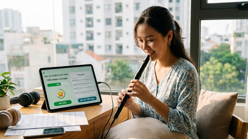 Người dùng tập Chúc Em Bên Người với thiết bị hiện đại