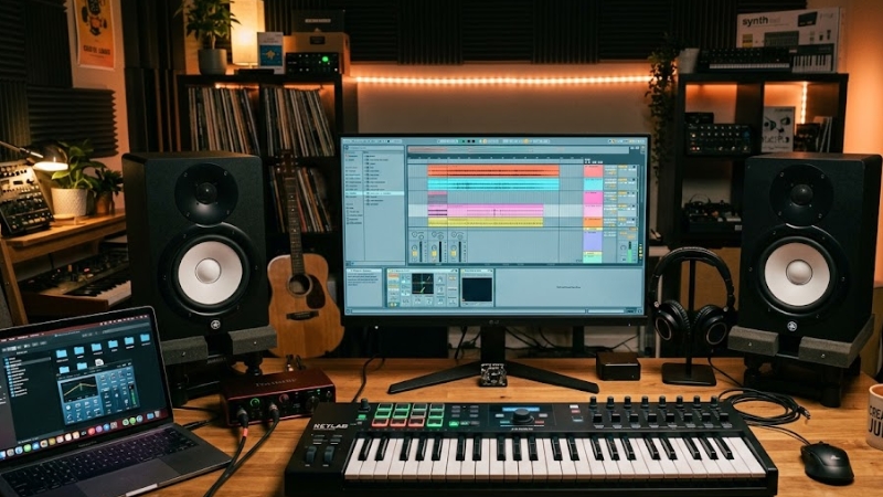 Cặp loa kiểm âm studio monitor đặt trên bàn làm việc trong không gian home studio