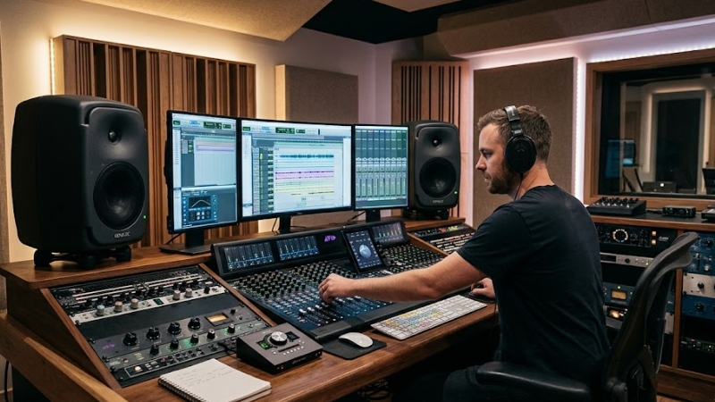 Loa kiểm âm Genelec của nước nào? Nguồn gốc và lịch sử hình thành 3 Loa kiểm âm Genelec trong không gian studio với bàn mixer và màn hình làm việc
