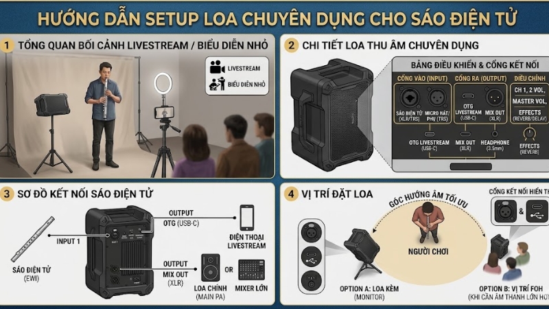Hướng dẫn thu âm sáo điện tử, chọn thiết bị và kết nối tối ưu 3 Loa thu âm chuyên dụng dùng với sáo điện tử trong livestream, biểu diễn nhỏ
