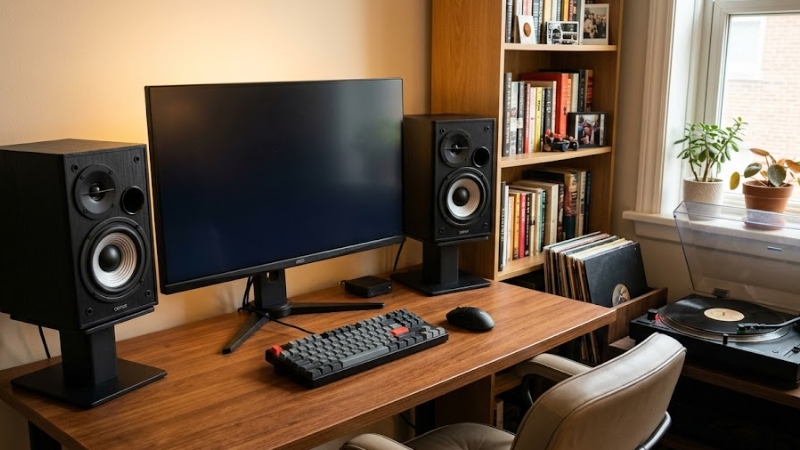 Top 4 loa kiểm âm dưới 2 triệu tốt nhất cho Home Studio cơ bản 7 Edifier R980T đặt trong không gian làm việc và nghe nhạc cá nhân