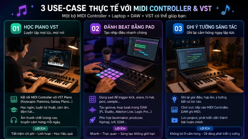 Cách sử dụng MIDI Controller hiệu quả từ A-Z cho người mới 6 Minh họa 3 use-case gồm học piano VST, đánh beat bằng pad và ghi ý tưởng trên laptop
