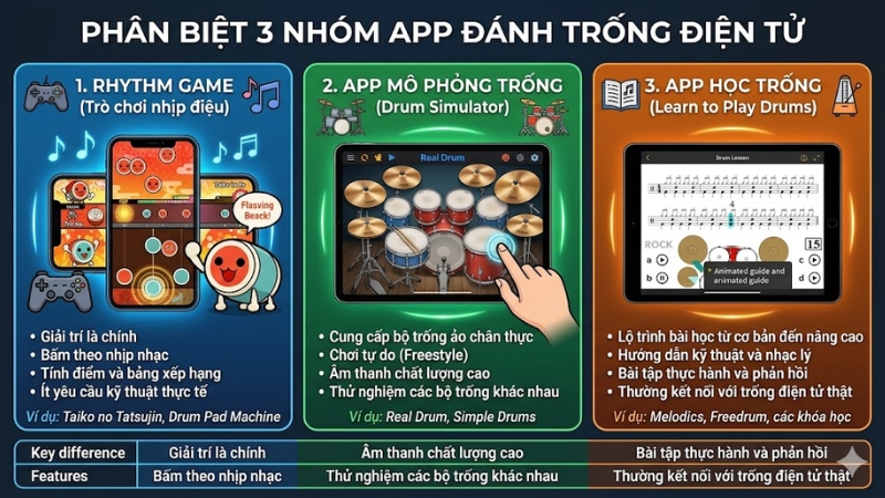 Phân biệt 3 nhóm app đánh trống điện tử