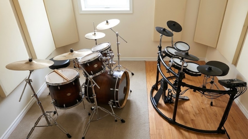 Nên chọn trống acoustic hay điện tử? Hướng dẫn cho người mới 4 So sánh diện tích chiếm chỗ của trống acoustic và trống điện tử trong cùng một phòng nhỏ
