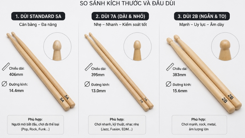 Cận cảnh 3 mẫu dùi trống điện tử khác nhau về kích thước và đầu dùi để người mua so sánh