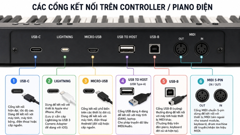 Các cổng kết nối MIDI controller piano điện với điện thoại