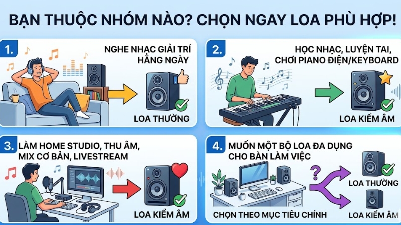 Checklist chọn nhanh 4 nhóm người dùng với mũi tên gợi ý loa kiểm âm hoặc loa thường