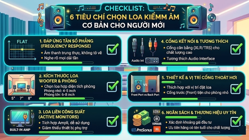 Checklist trực quan gồm 6 tiêu chí chọn loa kiểm âm cơ bản cho người mới