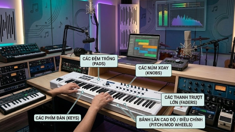 Cách sử dụng MIDI Controller hiệu quả từ A-Z cho người mới 4 Hình chú thích các vùng chính trên MIDI Controller gồm keys, pads, knobs, faders, pitch/mod wheel nếu có