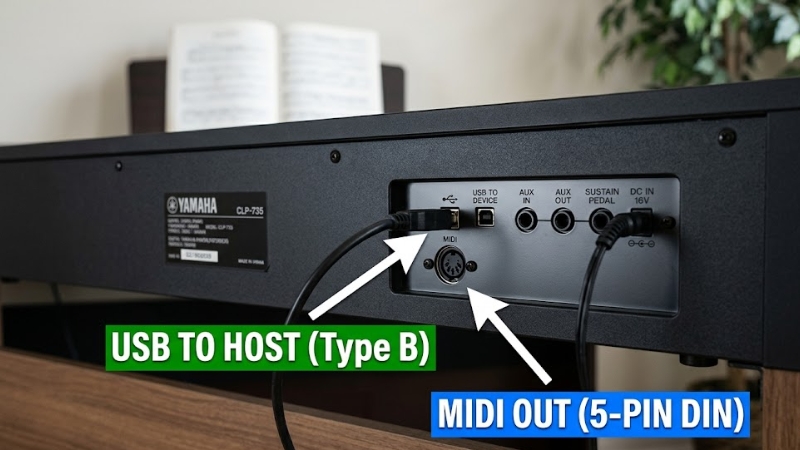 Cổng USB to Host và MIDI 5 pin trên đàn piano điện