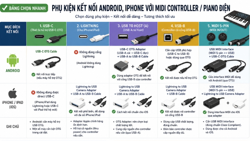 Bảng chọn phụ kiện kết nối MIDI controller với điện thoại Android iPhone