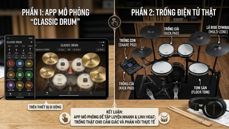 Classic Drum Trống Điện Tử: App Chơi Trống Ảo Cực Đơn Giản 2 So sánh Classic Drum app và trống điện tử thật