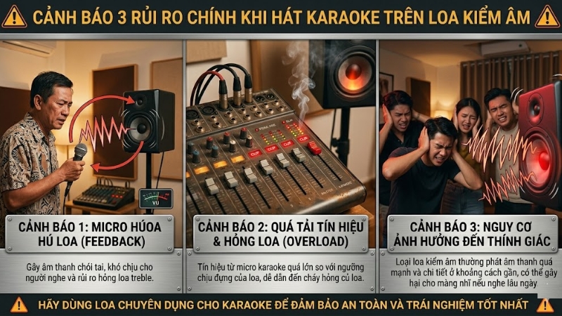 Loa kiểm âm có hát karaoke được không? Giải đáp chi tiết 4 Rủi ro khi hát karaoke trên loa kiểm âm micro hú loa