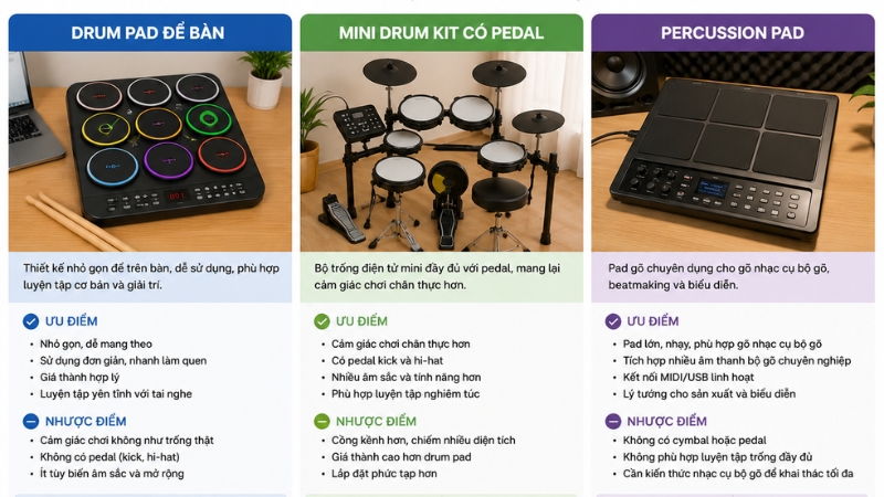 So sánh drum pad để bàn mini drum kit percussion pad